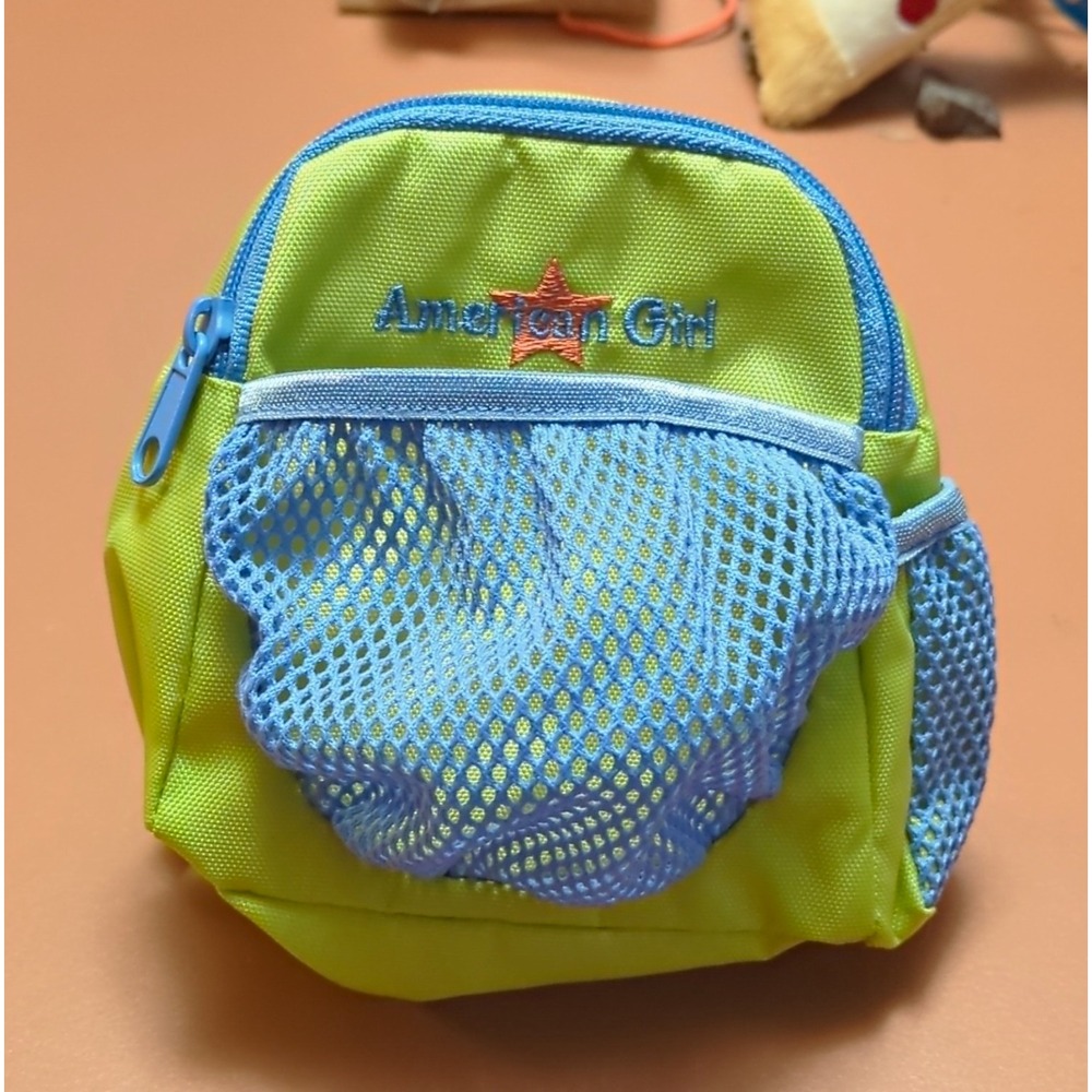 doll size American Girl Small Green & Blue Mini Backpack Mesh Adjustable Strap